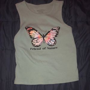 Blueish green shirt with butterfly that says friend of nature.